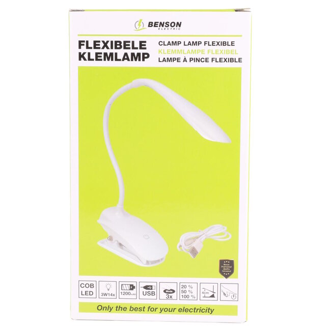 Benson Flexibele LED klemlamp - dimbaar - 3 lichtstanden - USB-oplaadbaar