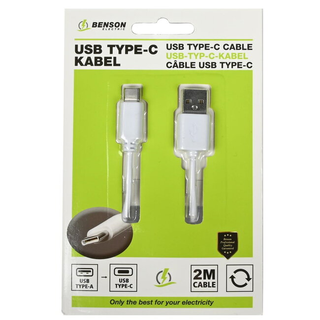 Benson USB naar Type C kabel - 2 meter - wit - duurzaam en snel opladen