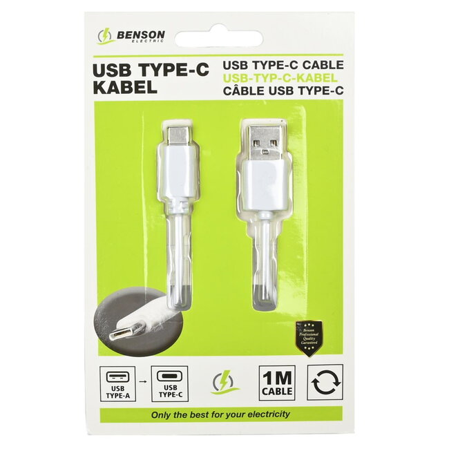 Benson USB naar Type C kabel - 1 meter - Wit - Snel opladen en dataoverdracht