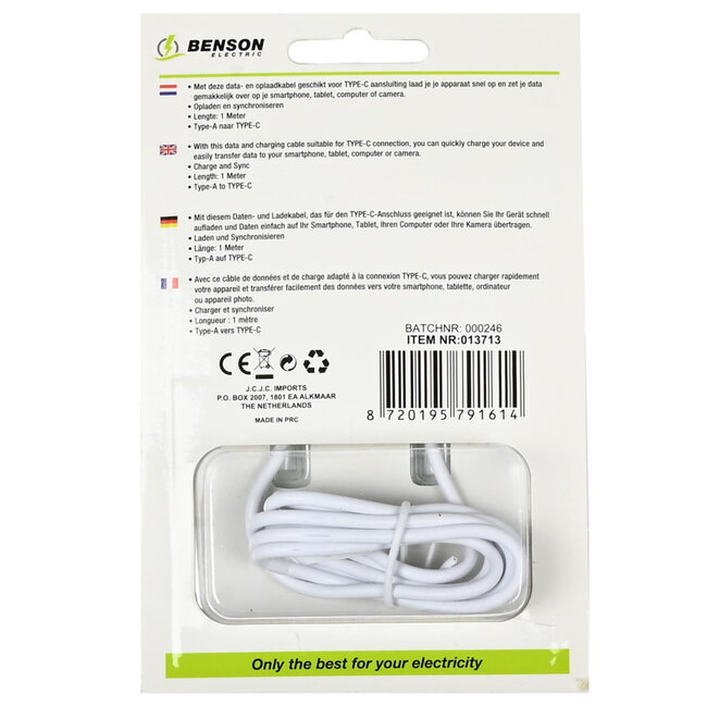 Benson USB naar Type C kabel - 1 meter - Wit - Snel opladen en dataoverdracht