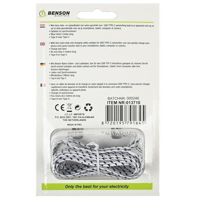 Benson USB naar Type C kabel - Nylon - 2 meter - Wit/Zwart - 2.1A