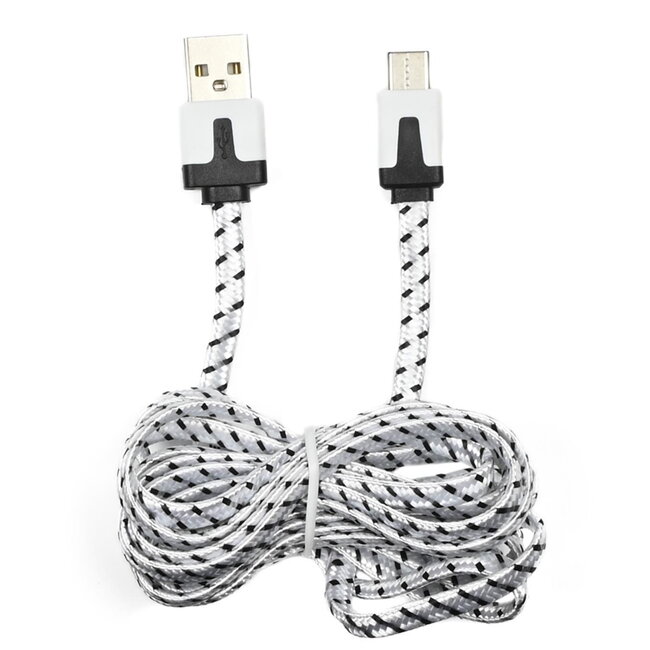 Benson USB naar Type C kabel - Nylon - 2 meter - Wit/Zwart - 2.1A