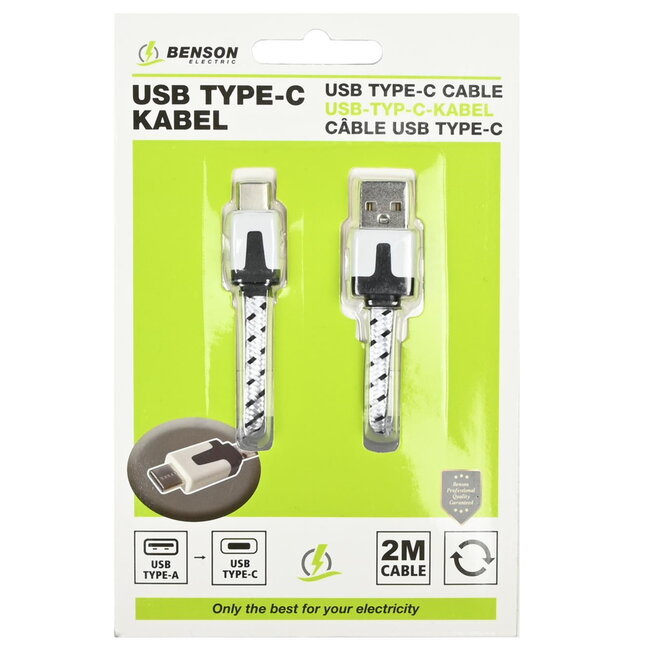 Benson USB naar Type C kabel - Nylon - 2 meter - Wit/Zwart - 2.1A