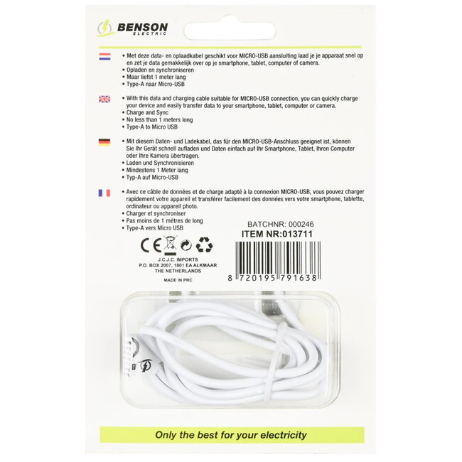 Benson USB naar Micro USB kabel - 1 meter - wit - snelle dataoverdracht - 2.1A