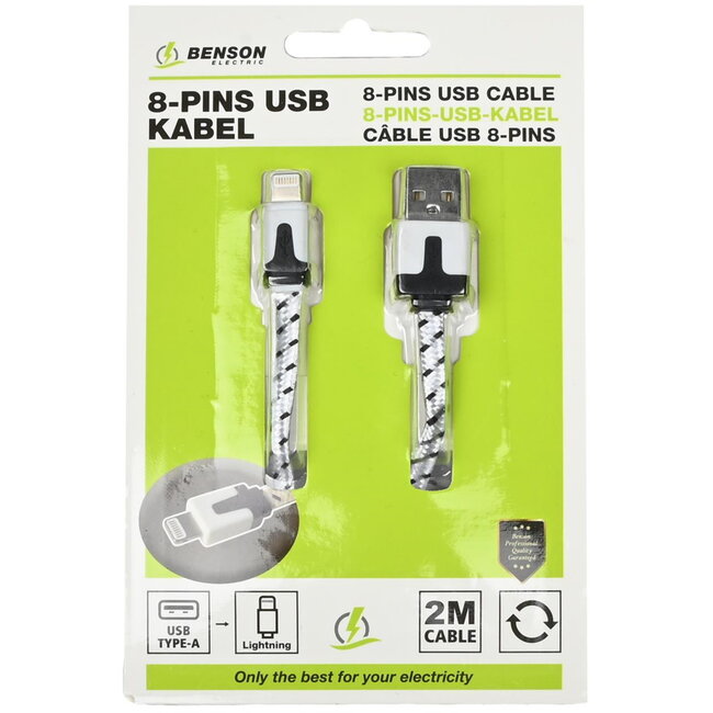 Benson Duurzame nylon oplaadkabel - USB naar Lightning - 2 meter - wit/zwart