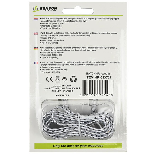 Benson Duurzame nylon oplaadkabel - USB naar Lightning - 2 meter - wit/zwart
