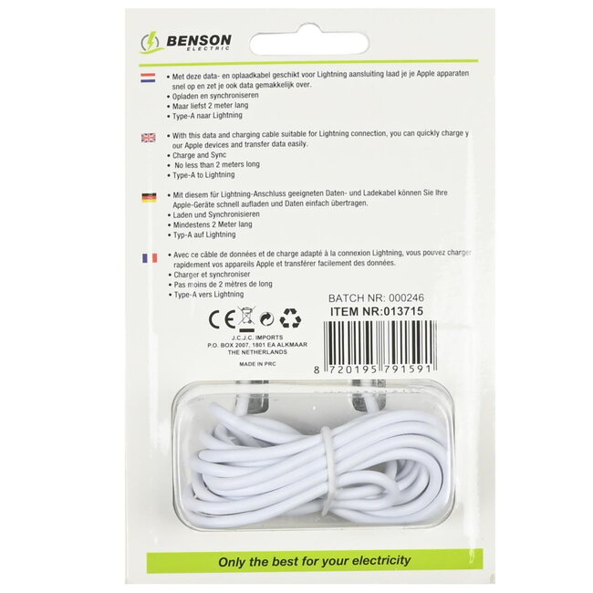 Benson USB naar Lightning kabel - 2 meter - wit - snelle dataoverdracht - duurzaam materiaal