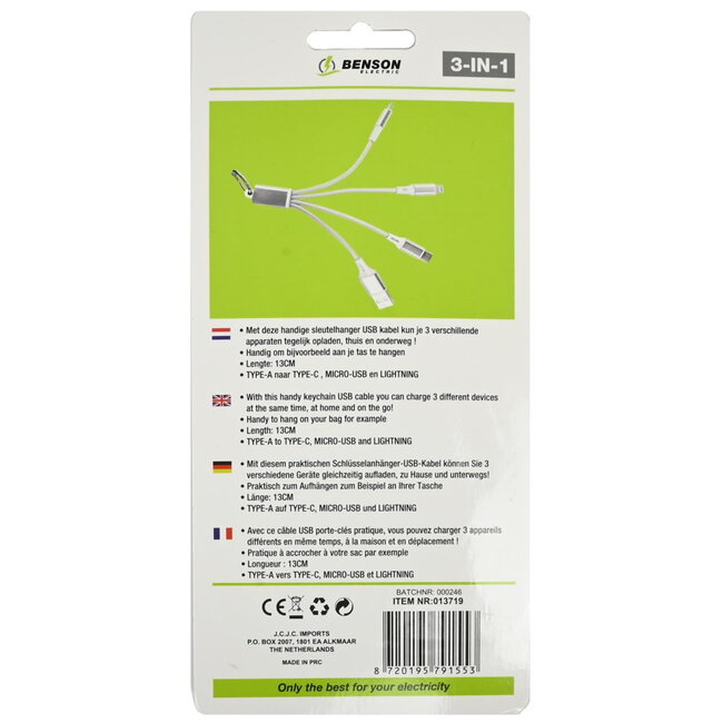 Benson Mobiele oplader - 3 in 1 USB kabel - Sleutelhanger - Wit - 13 cm
