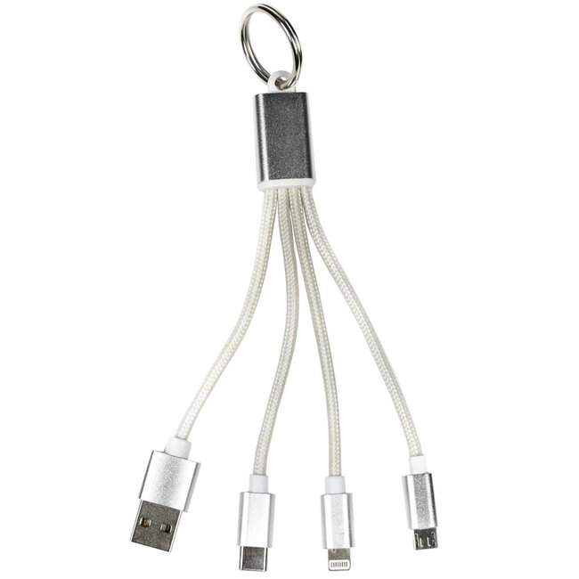 Benson Mobiele oplader - 3 in 1 USB kabel - Sleutelhanger - Wit - 13 cm