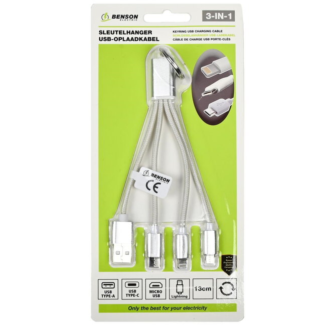 Benson Mobiele oplader - 3 in 1 USB kabel - Sleutelhanger - Wit - 13 cm