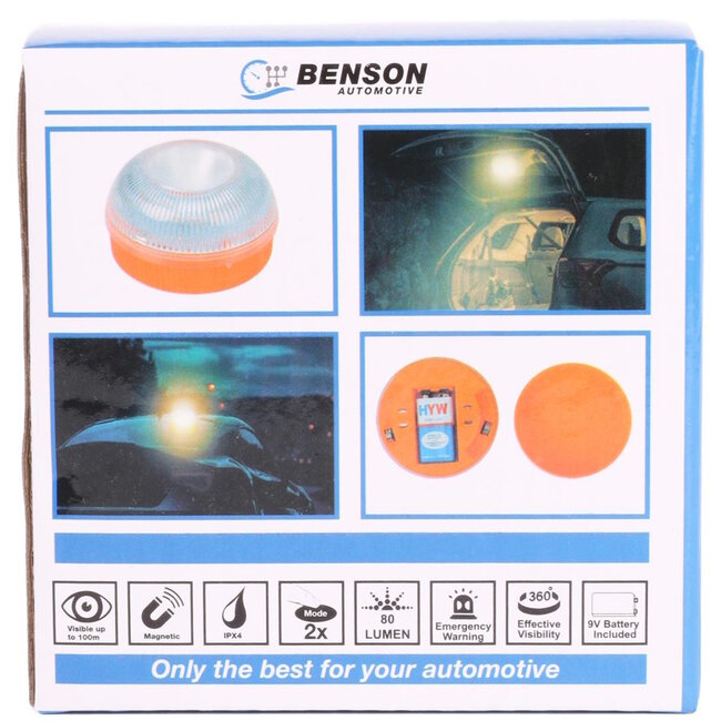 Benson Nood- en waarschuwingslicht - 360º zichtbaarheid - Inclusief 9V batterij - Ø 90 mm