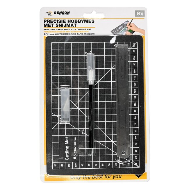 Benson Precisie hobbymes met snijmat - 8-delige set - inclusief 6 opzetmesjes - 19x13 cm