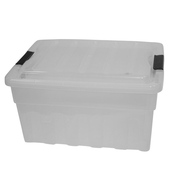 Benson Ruime opbergbox met deksel - 32 liter - transparant - zwarte clips - 47 x 35 x 26 cm