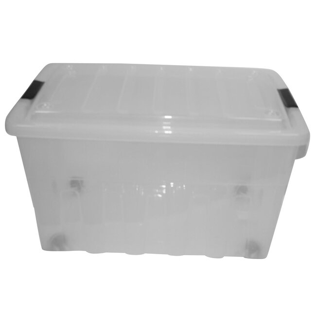 Benson Opbergdoos met deksel en wielen - 65 liter - 60 x 40 x 36 cm - transparant met zwarte clips