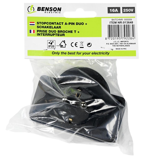 Benson Stopcontact duo met schakelaar - 250V - zwart