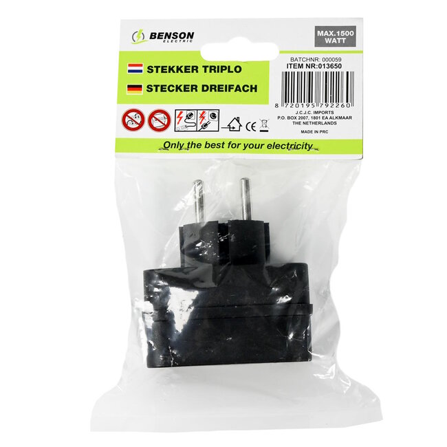 Benson Drievoudige stekker - 1500W - compact en lichtgewicht - zwart