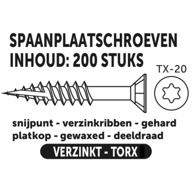 Benson Spaanplaatschroeven - Torx - 4.0 x 40 mm - 200 stuks - Inclusief T20 bit