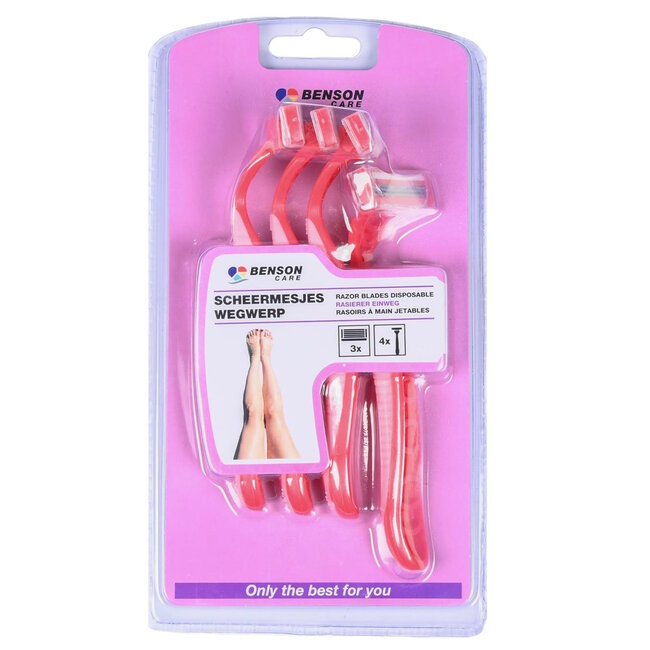 Benson Wegwerp scheermesjes - 3 bladen - roze - 4 stuks - flexibele kop - gladscheerstrip