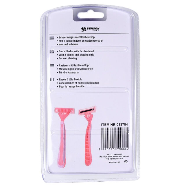 Benson Wegwerp scheermesjes - 3 bladen - roze - 4 stuks - flexibele kop - gladscheerstrip