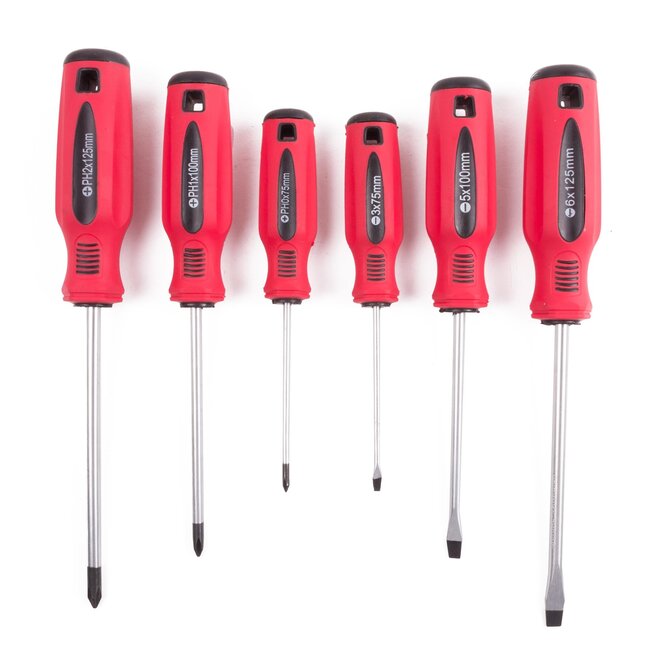 Benson Schroevendraaierset - Kruiskop en Platte Kop - Chroom/Vanadiumstaal - 6 stuks - Rood