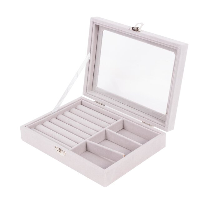 Benson Sieradendoos - Velvet - Kijkvenster - Grijs - 20 x 15 x 5 cm