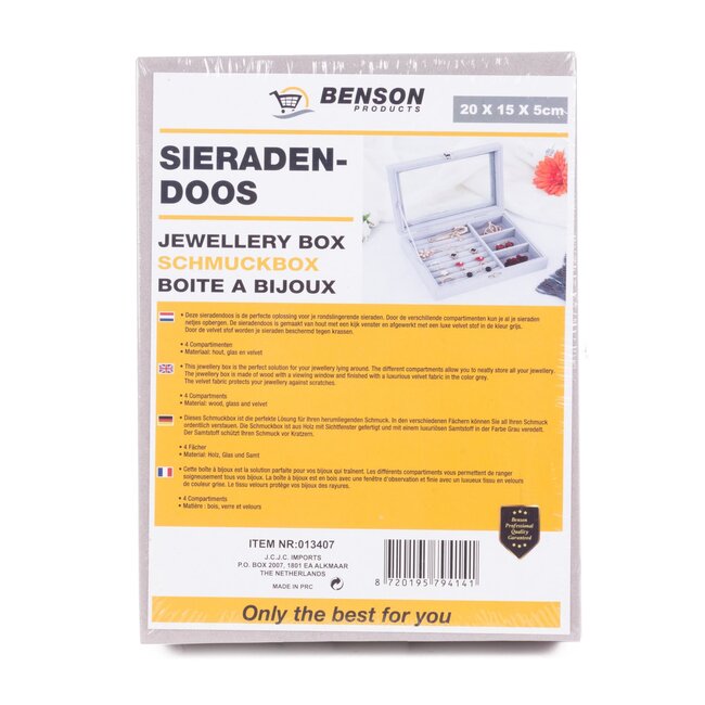 Benson Sieradendoos - Velvet - Kijkvenster - Grijs - 20 x 15 x 5 cm