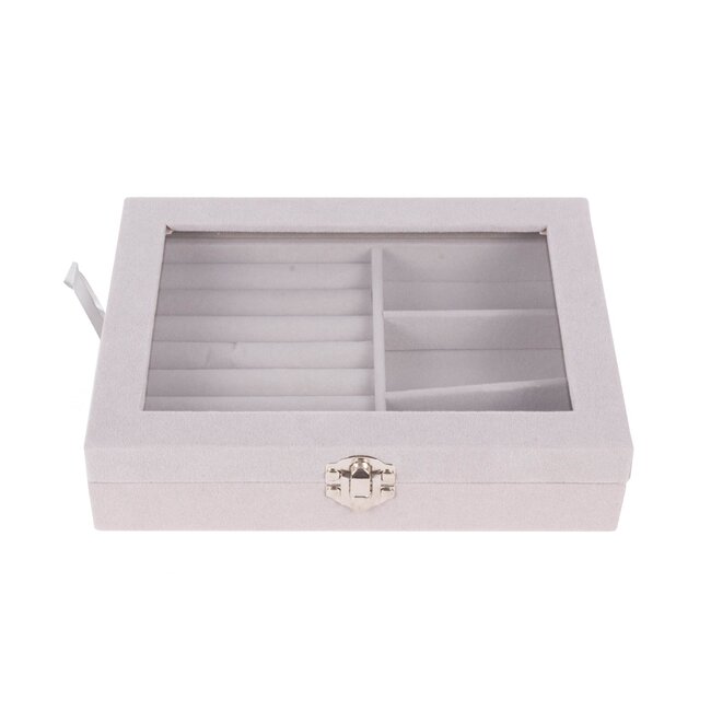 Benson Sieradendoos - Velvet - Kijkvenster - Grijs - 20 x 15 x 5 cm