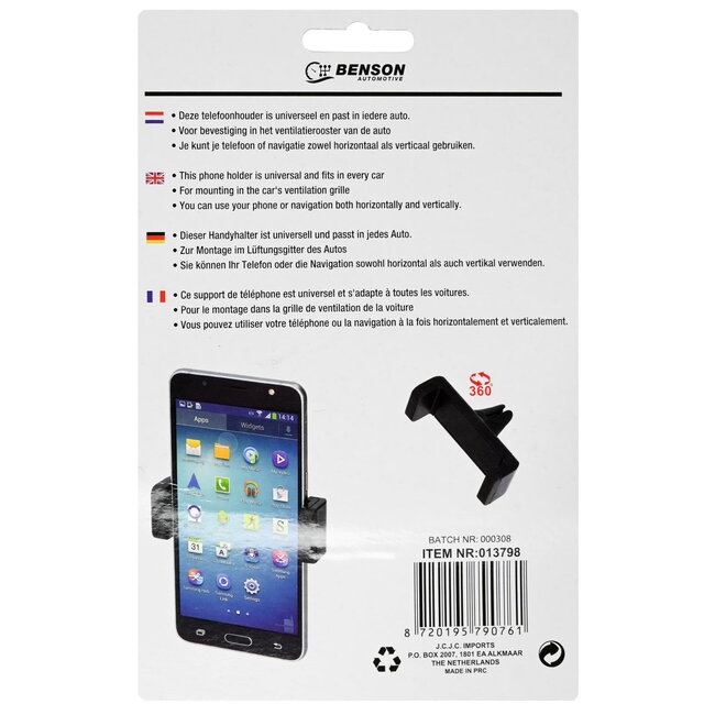Benson Universele telefoonhouder auto - 360° draaibaar - zwart - ventilatierooster