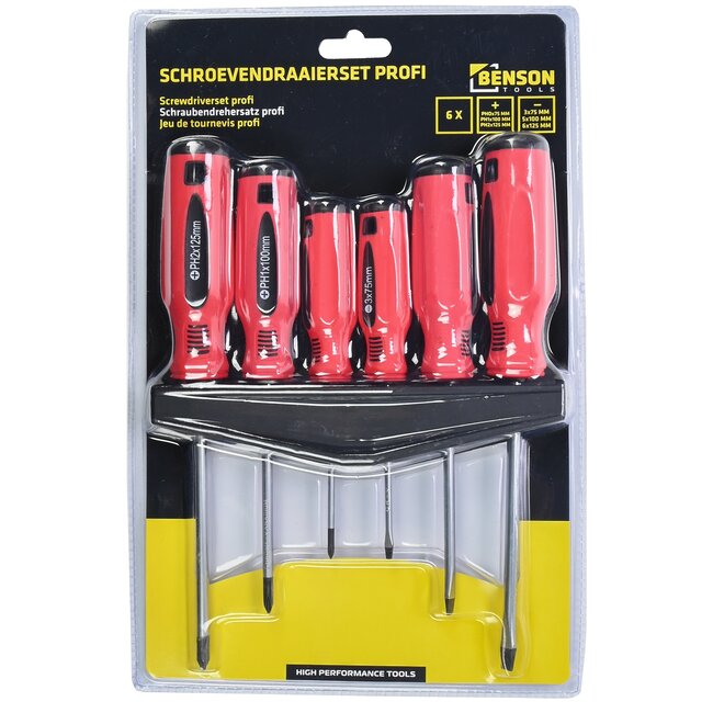 Benson Schroevendraaierset - Kruiskop en Platte Kop - Chroom/Vanadiumstaal - 6 stuks - Rood