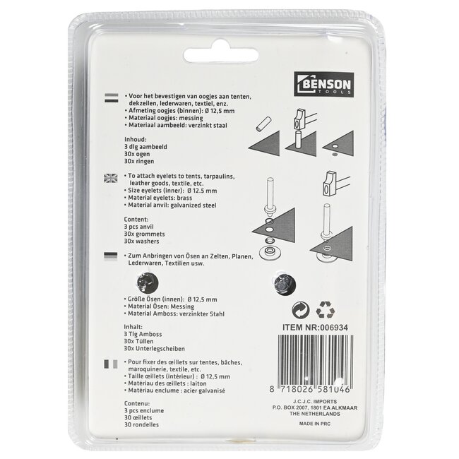 Benson Zeilringenset met aambeeld - 60 ringen - Ø 12.5 mm - plaatstaal messing