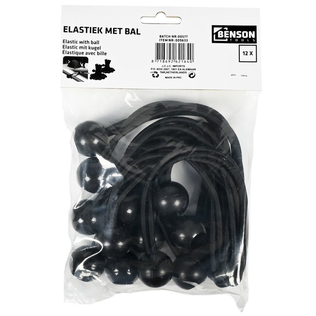 Benson Elastiek met bal - 24 cm - UV-bestendig - 12 stuks - zwart