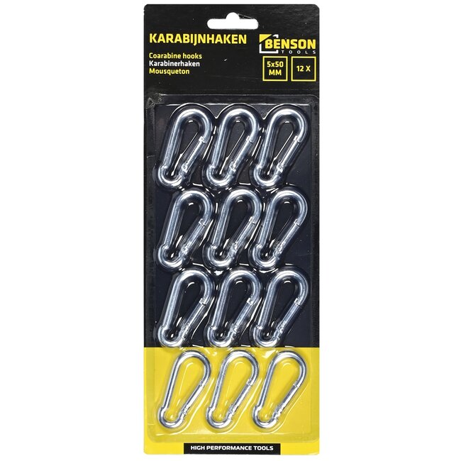 Benson Set karabijnhaken - Ø 5 x 50 mm - zilver - 12 stuks