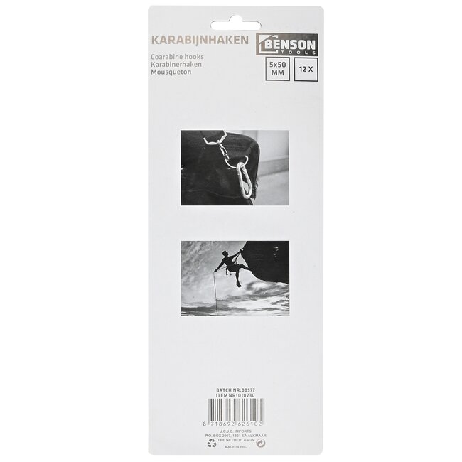 Benson Set karabijnhaken - Ø 5 x 50 mm - zilver - 12 stuks