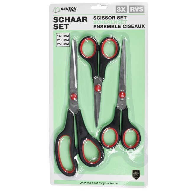 Benson 3-delige schaarset - soft-grip handvat - RVS bladen - rood/zwart