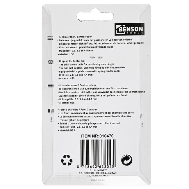 Benson Scharnierboor set - zelfcentrerend - 3 maten - 3-delig