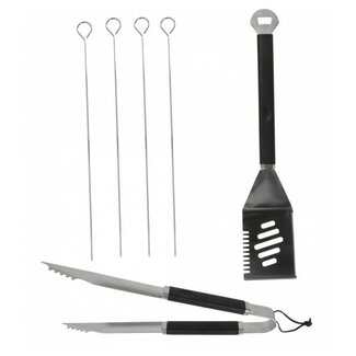 BBQ Collection 6-delige RVS BBQ-set - Spatel met opener, grilltang en spiezen - Warmte-isolerende handgrepen
