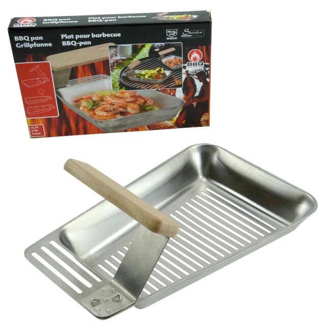 BBQ Collection RVS Barbecuepan - Houten Handvat - Vetafvoer Gleuven - 25x16 cm
