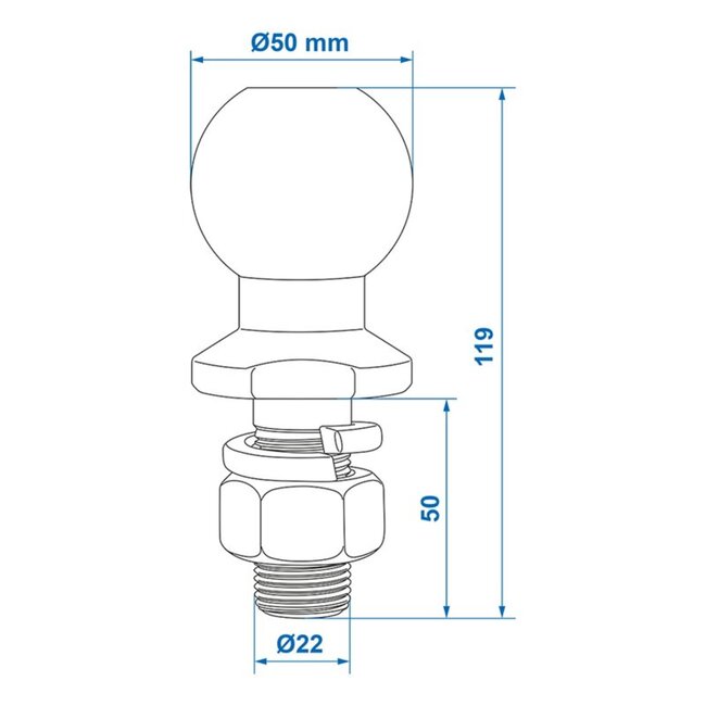 ProPlus Trekhaakkogel - Recht - Ø 50 mm - Draad M22 x 55 mm - Voor agrarisch gebruik