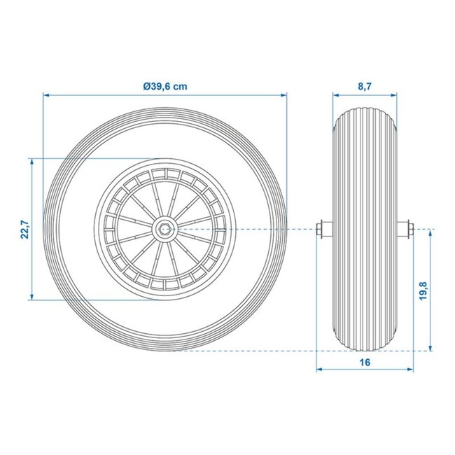 ProPlus Kruiwagenwiel - PU band - Kunststof velg - Ø 396 mm - Inclusief as