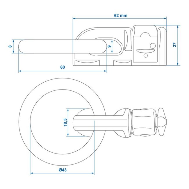 ProPlus Dubbele stud fitting voor bindrail - Ø 45 mm ring - 62 x 27 x 18,5 mm - Breeklast 2.700 kg