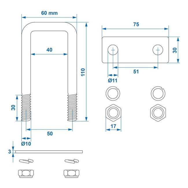 ProPlus Rechthoekige U-beugel - thermisch verzinkt - 40 x 110 mm - set van 2