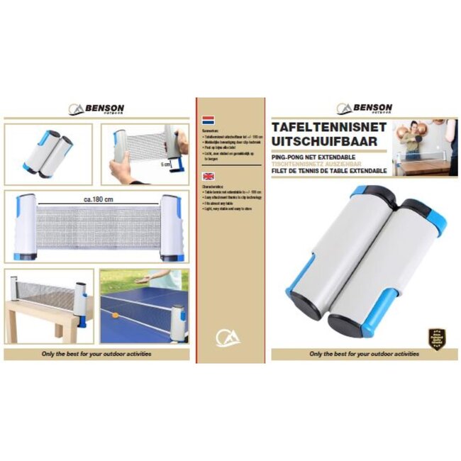 Benson Uitschuifbaar tafeltennisnet - klemopening - 180 cm - blauw/grijs