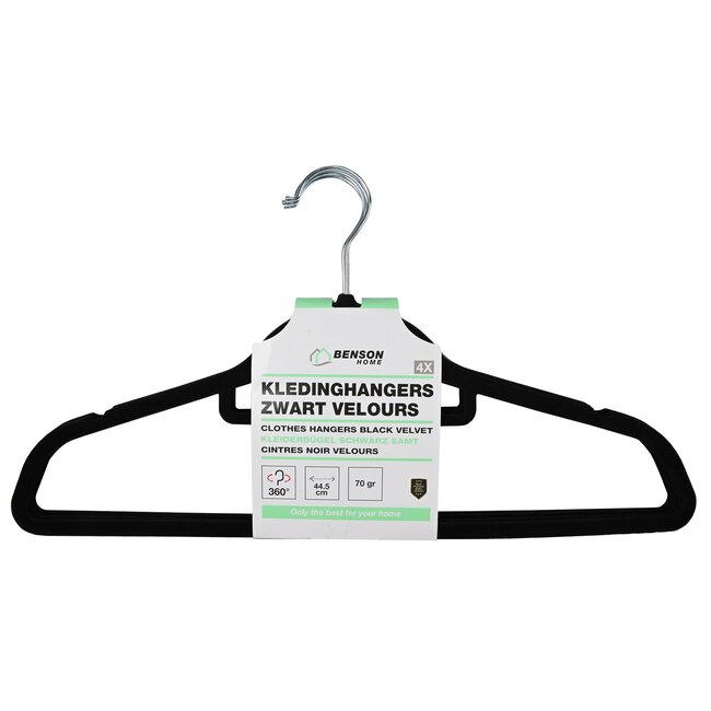 Benson Velours kledinghangers - anti-slip - 360° haak - zwart - 4 stuks