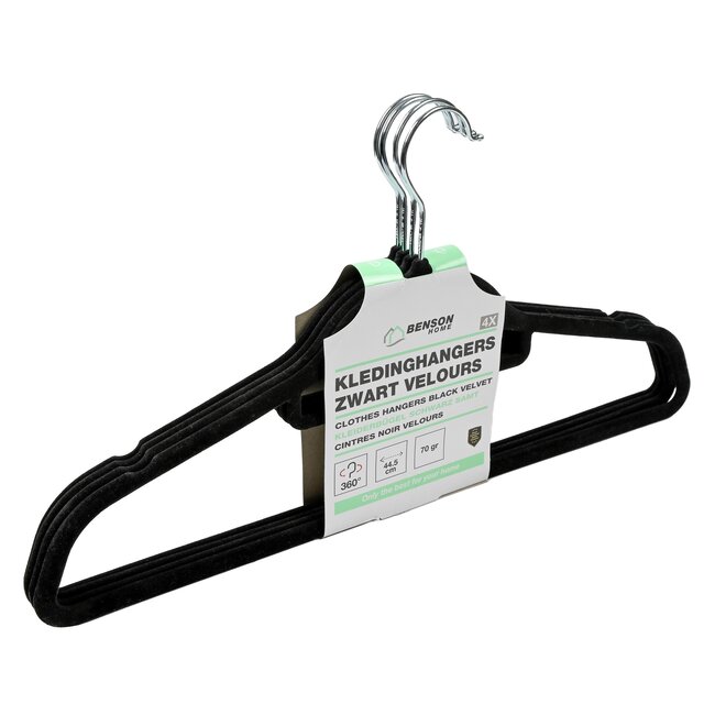 Benson Velours kledinghangers - anti-slip - 360° haak - zwart - 4 stuks