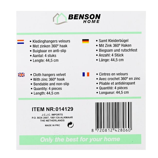 Benson Velours kledinghangers - anti-slip - 360° haak - zwart - 4 stuks