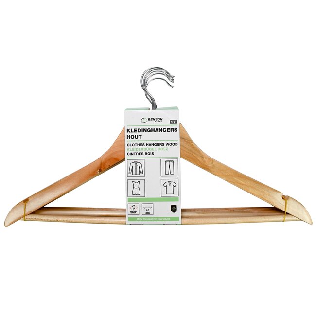 Benson Houten kledinghangers - met broekstang - 360° haak - set van 5