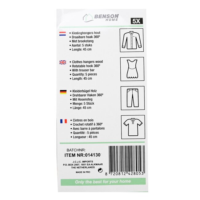 Benson Houten kledinghangers - met broekstang - 360° haak - set van 5
