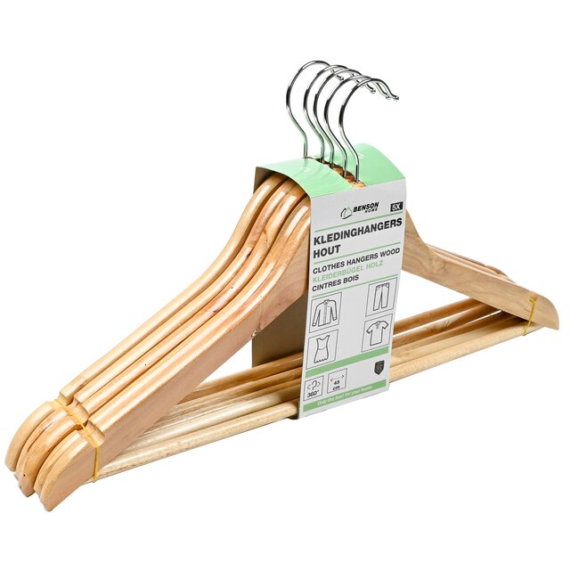 Benson Houten kledinghangers - met broekstang - 360° haak - set van 5