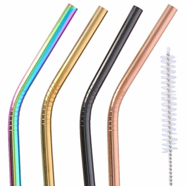 Alpina Herbruikbare RVS rietjes - Gekleurd - Duurzaam - Inclusief schoonmaakborstel - Set van 4