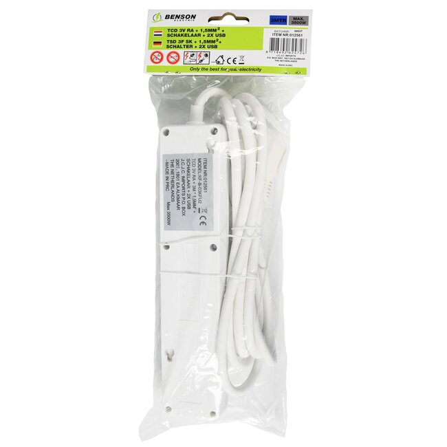 Benson Slimme tafelcontactdoos - 3-voudig - met randaarde en USB - 3 meter - wit